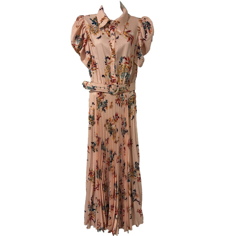 Lady De Couture $180 Maxi Dress~M~Peach Floral Puff Slvs Full Pleated Skirt USA